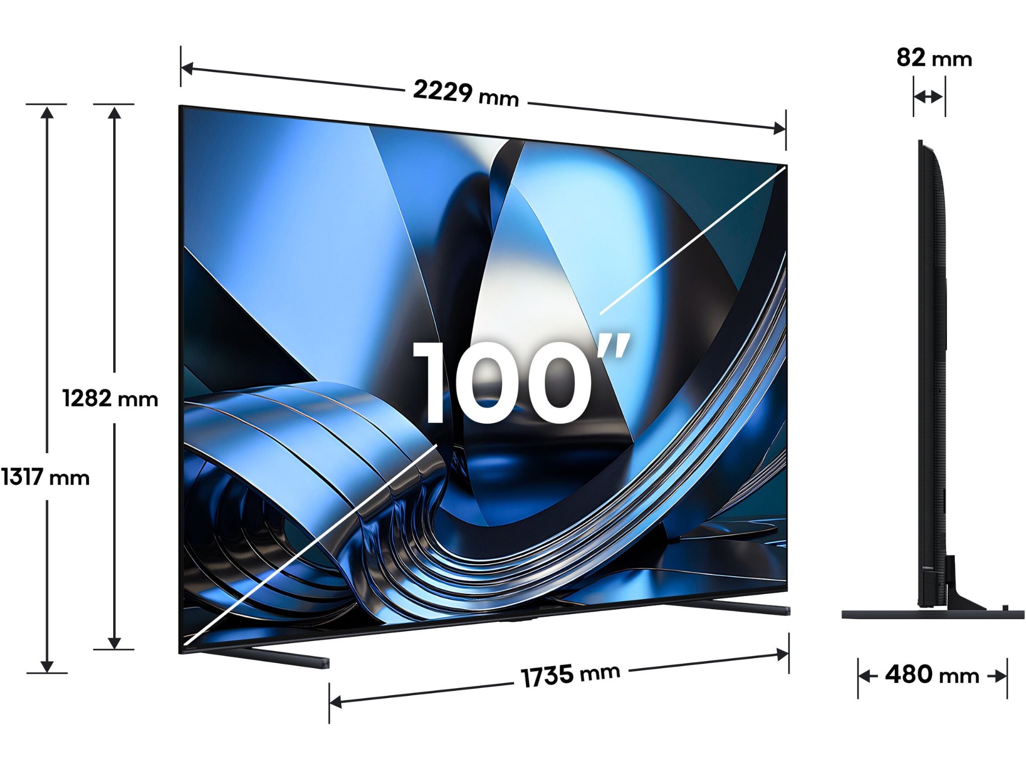 Hisense 100U77SE wymiary telewizora 100 cali szerokość wysokość głębokość