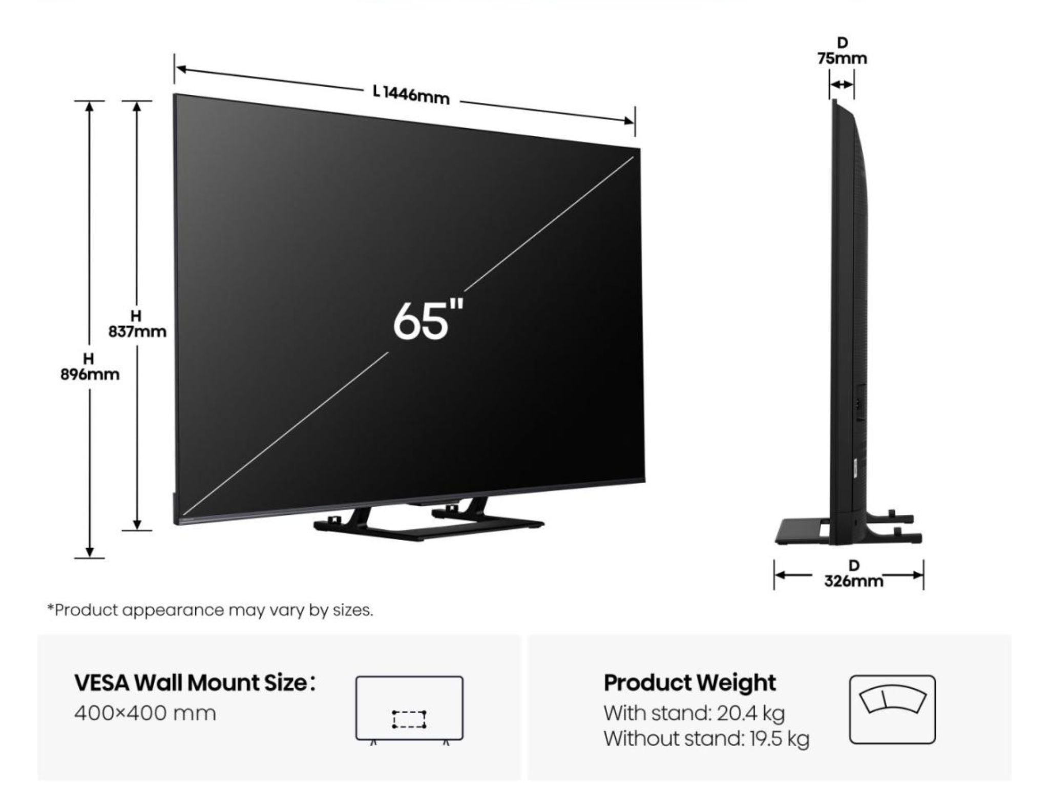 Hisense 65U7Q – wymiary telewizora 65 cali, proporcje i dokładne rozmiary