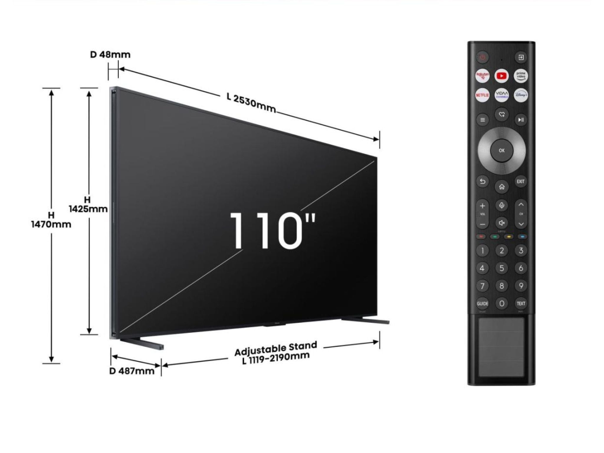 Hisense 110UXNQ – wymiary telewizora 110 cali, proporcje i dokładne rozmiary