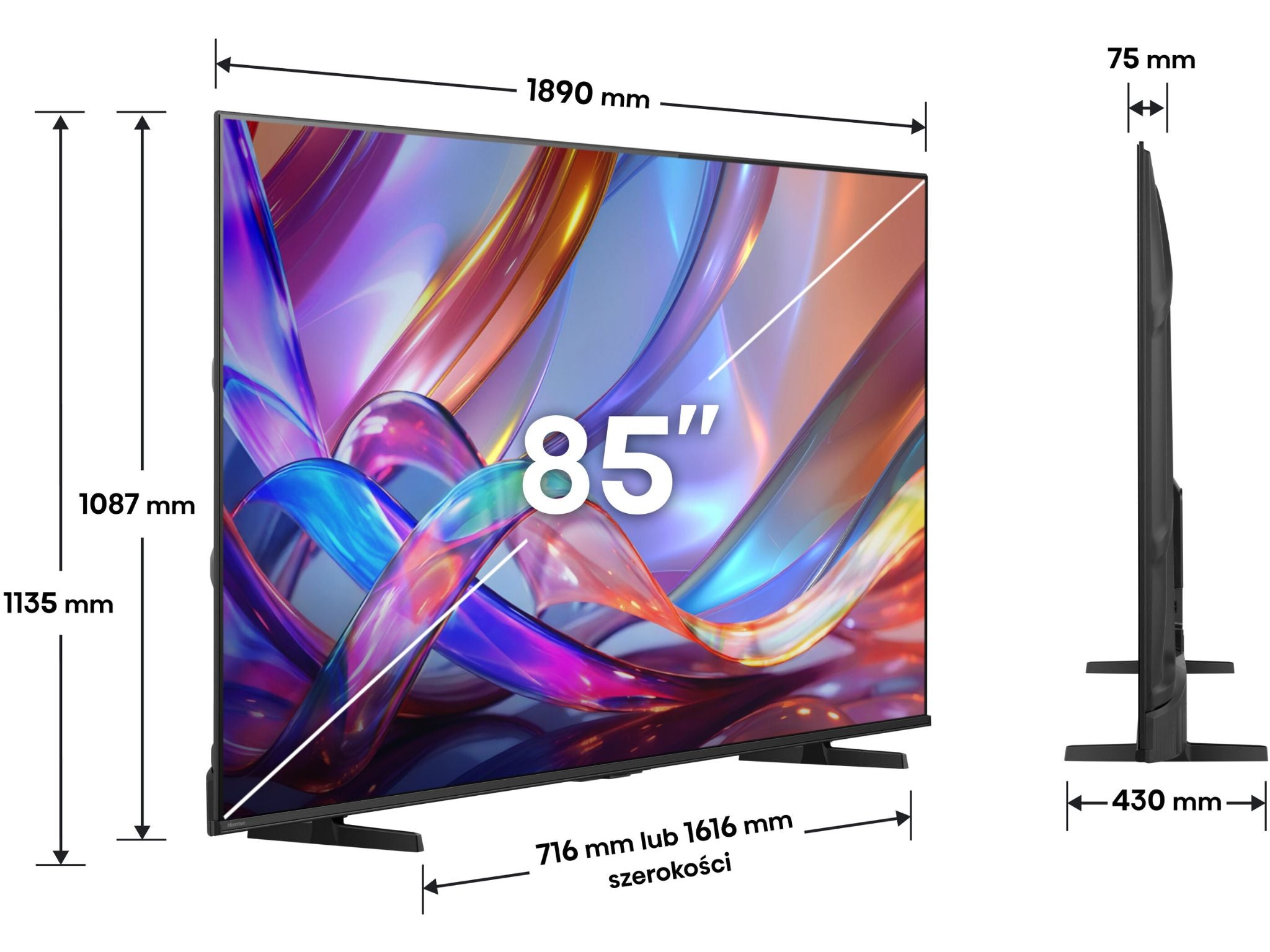 Hisense 85E7S wymiary telewizora 85 cali
