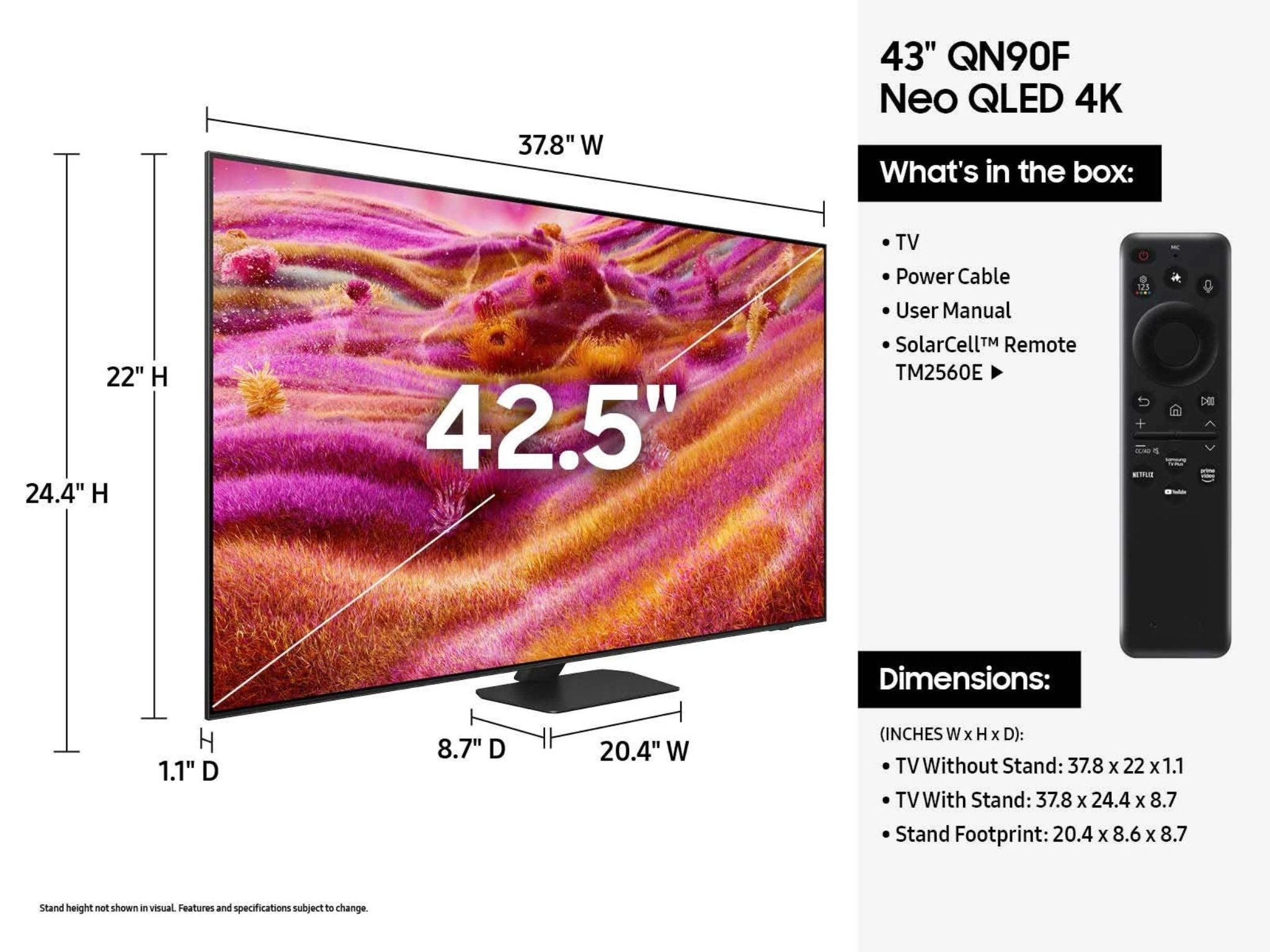 Samsung QE43QN90F – wymiary telewizora 43 cale, kompaktowy rozmiar do biurka