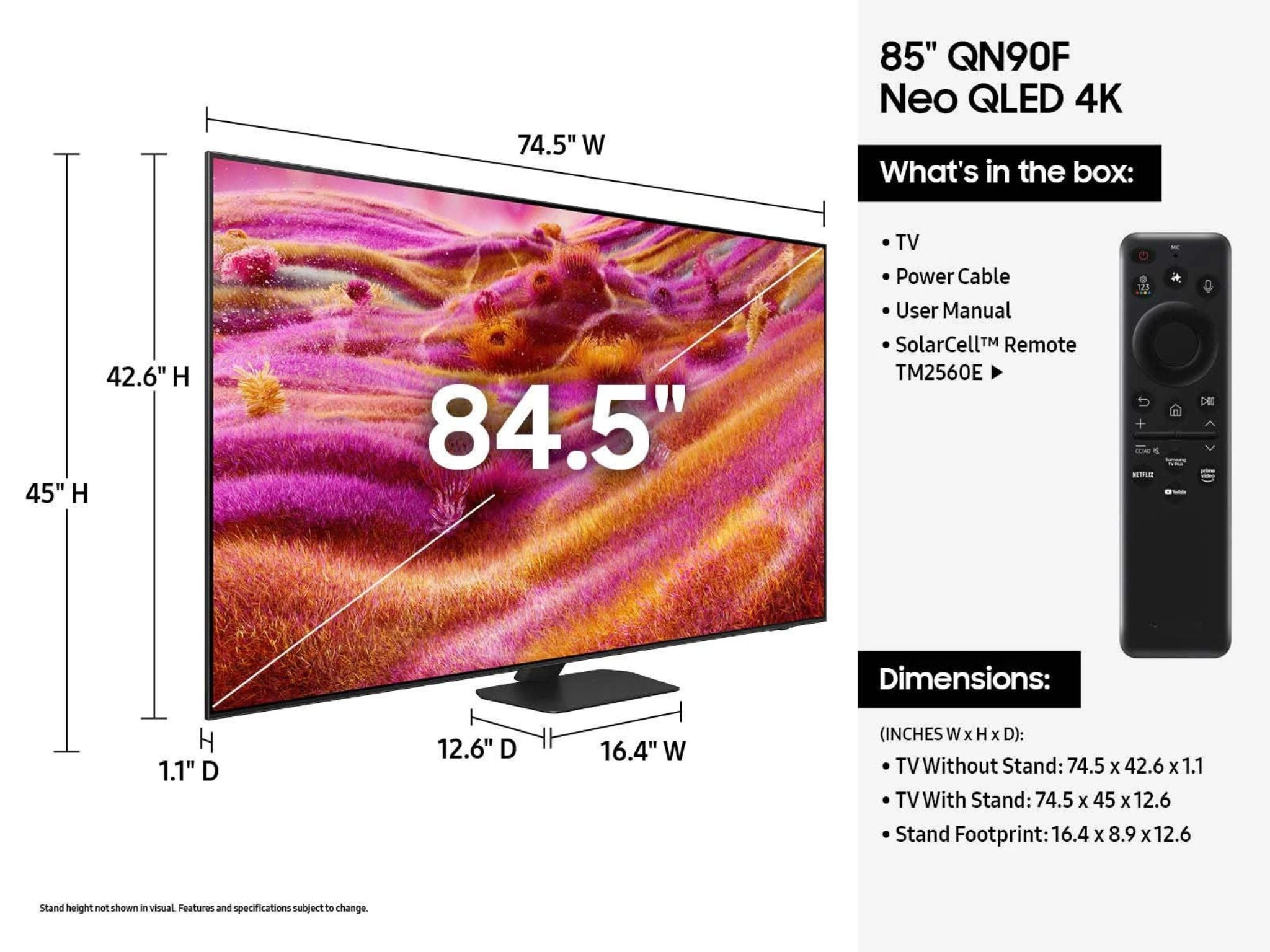 Samsung QE85QN90F 85 cali wymiary szerokość wysokość głębokość