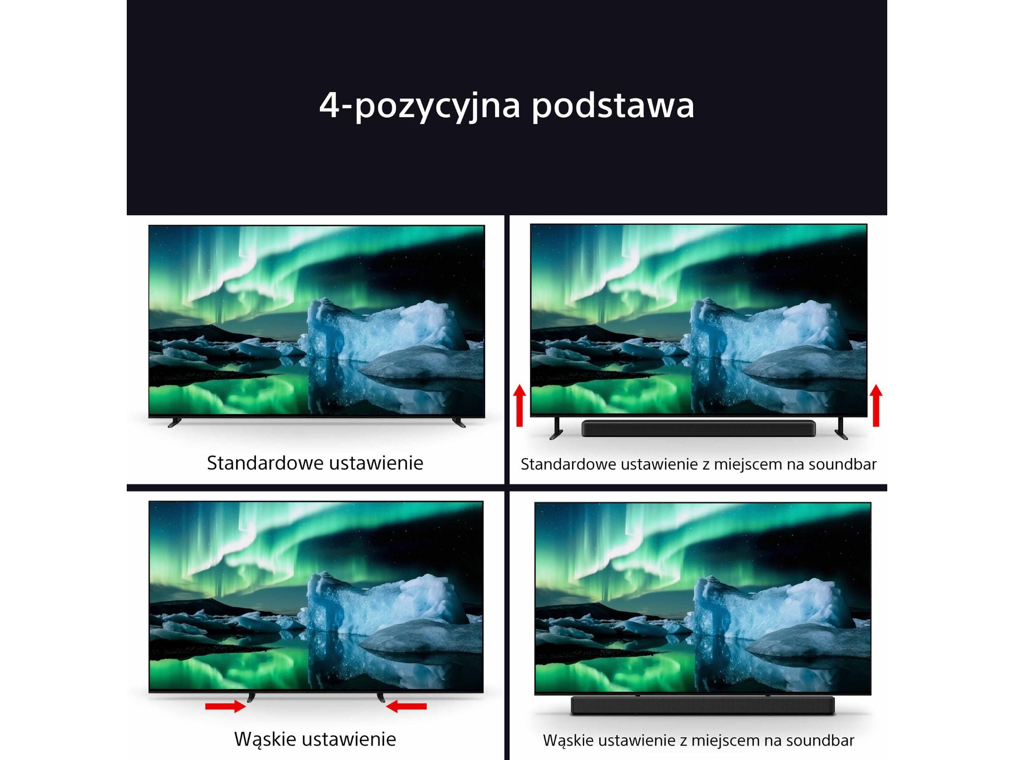 Sony XR-55X80 podstawa regulowane ustawienie nóg szerokie i wąskie dopasowanie